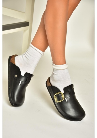 Fox Shoes T777589009 Siyah Kadın Terlik Siyah-suni Deri Siyah