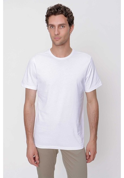 Erkek Beyaz Basic Düz %100 Pamuk Bisiklet Yaka Slim Fit Dar Kesim Kısa Kollu Tişört Beyaz