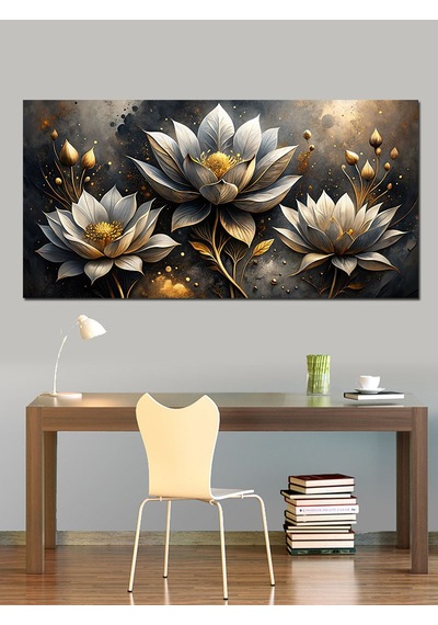Kanvas Tablo Altın Beyaz Lotus Çiçekleri