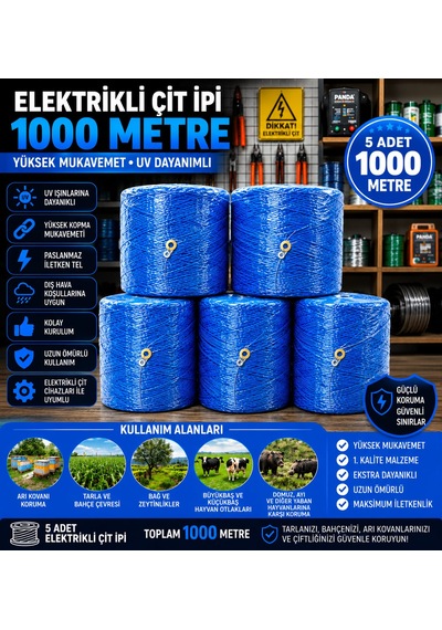 Elektirikli Çit İpi 1000 Metre Turuncu 5 Adet Mavi