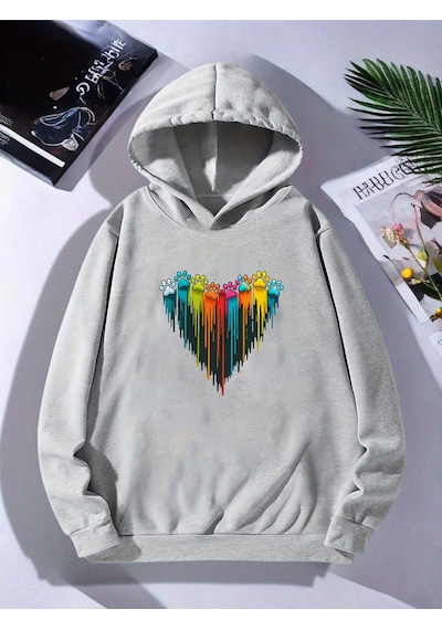 Uyguntarz Unisex Sevimli Pati Kalp Baskılı Oversize Genel Gri