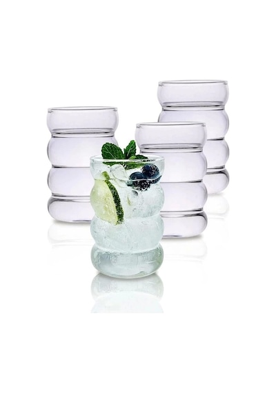 6'lı Isıya Dayanıklı Borosilikat Şeritli Cam Bardak Dalgalı Kahve Sunum Meşrubat Bardağı 300 Ml