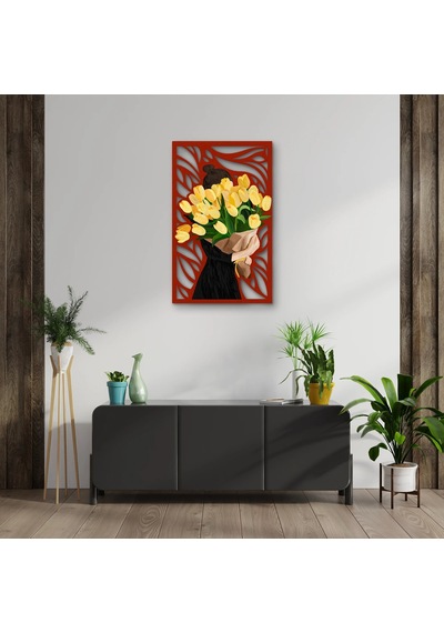 Sarı Lale Buketi Taşıyan Kadın - Metal Tablo - Dec0340 77 X 125 Cm Çok Renkli