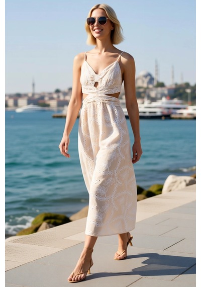 Benerly Kadın Askılı V Yaka Brode İşlemeli Maxi Slip Elbise %100 Pamuk Do Bej