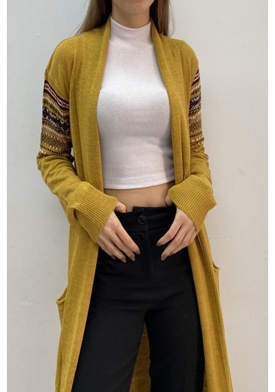 Onno Style Women Kilim Desen Uzun Ceket Hardal