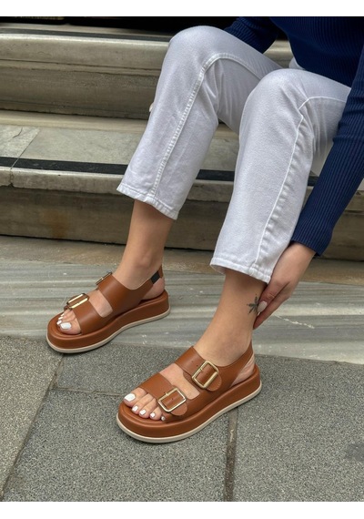 Erva'nın Butiği Taba Cilt Jenny Gold Toka Detay Kadın Sandalet-5744