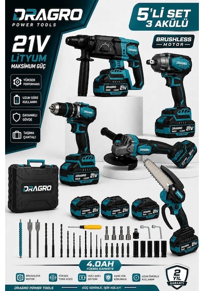 Dragro Drg-21v Darbeli Kömürsüz Kırıcı Delici Hilti & Taşlama & Matkap & Somun Sıkma Sökme Dal Budama 5 Li Set 3 Akülü