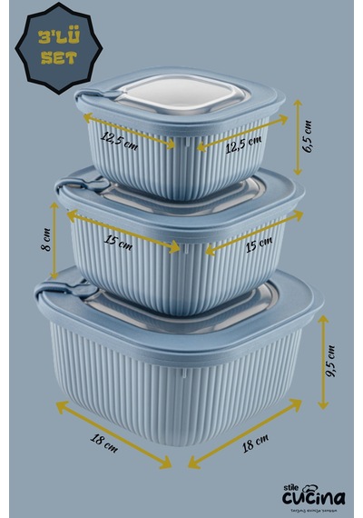 3lü Mikrodalga Ve Difriz Kullanımına Uygun Vakumlu Sızdırmaz Saklama Kabı Seti 600-1100-1800 Ml Mavi