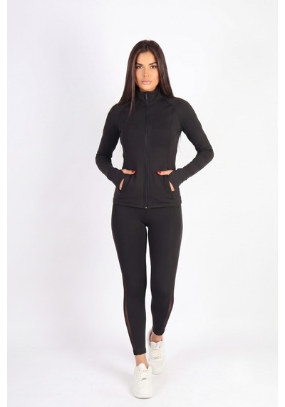 Soft&Basic Kadın Tayt Takım Polyester Paçası Tül Detaylı Yüksek Bel Tayt Ve Hırka Siyah