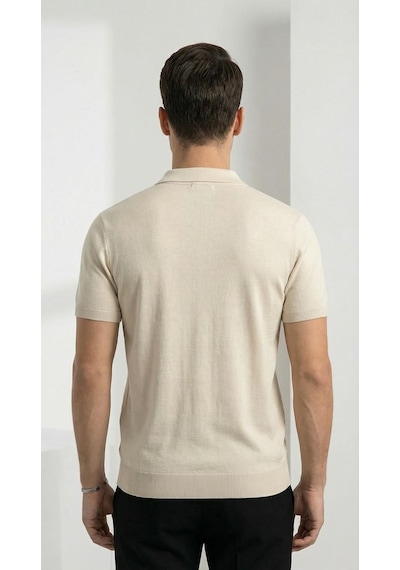 Plus Scorpion Erkek Polo Yaka Fermuarlı Triko Tişört Dokulu Slim Fit Bej