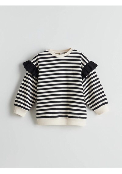 LC Waikiki Lcw Kids Siyah Bisiklet Yaka Çizgili Kız Çocuk Sweatshirt Black Strıped