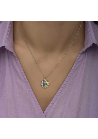 Gümüş Opal Mavi Taşlı Ay Güneş Kadın Kolye