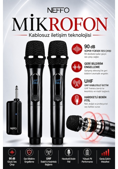 Çiftli Kablosuz Mikrofon Seti Şarj Edilebilir Karaoke Mikrofonu, 50 Metre Mesafe
