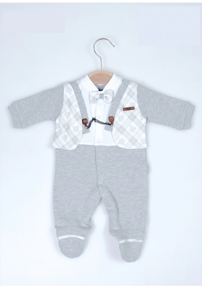 Lamato Baby Ayı Baskı Yelekli Zincirli Bebe Erkek Tulum Gri