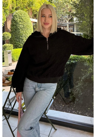 Siyah Peluş Fermuar Yaka Sweatshirt Mg1413 Siyah
