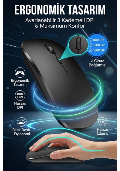 Ultra Slim Sessiz Tıklama Bluetooth Şarjlı Kablosuz Mouse -