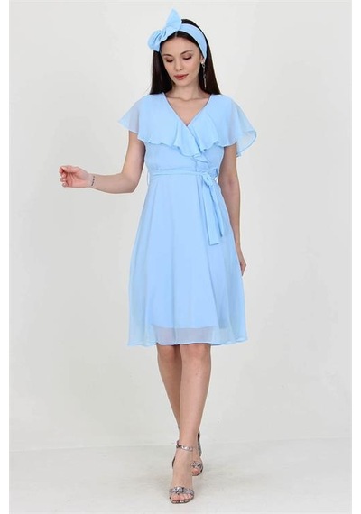Neşeli Butik Kadın Bebe Mavisi Kruvaze Yaka Bağlama Detaylı Yeni Sezon Şifon Elbise Nb8081 Bebe Mavisi
