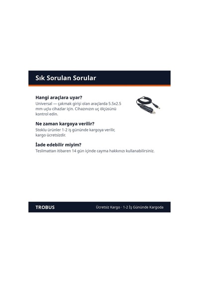 Trobus Oto Çakmak Fişi Spiral Kablolu Sigortalı 5.5x2.5 Mm Uçlu 2 A 1,3 M