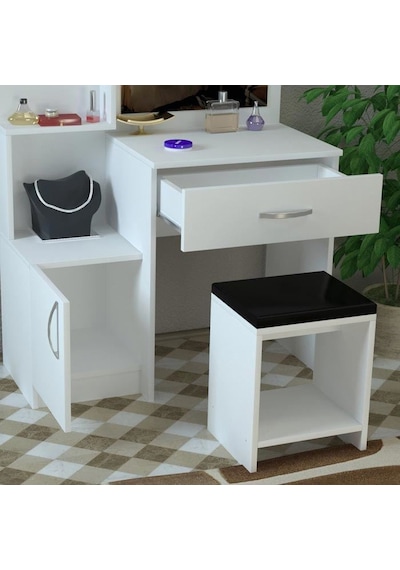 AE-4002 Novella Puflu Aynalı Makyaj Masası, Dolaplı, Çekmeceli, Raflı, Beyaz, Minderli, Tuvalet