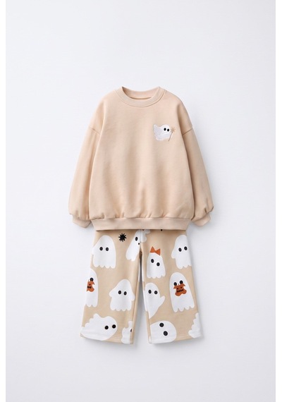 Magu Çocuk Desenli Ekru Sweatshirt Ve Bol Paça Eşofman Takımı Çok Renkli
