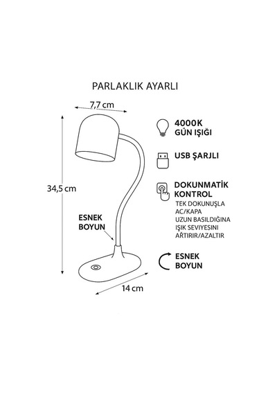Berlin Şarjlı Dokunmatik Masa Lambası 4000k Gün Işığı, Esnek Boyun, Usb Şarjlı, Parlaklık Ayarlı Led Oku Diğer