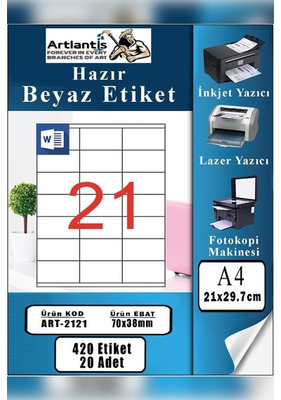 A4 Hazır Etiket 70x38 Mm 20 Sayfa 1 Paket 21 Li Kendinden Yapışkanlı Fotokopi Lazer İnkjet Kağıdı Yazıcılar İçin Uyumlu