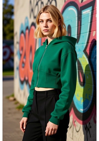 Benerly Kadın Kapüşonlu Düşük Kol Fitted Fermuarlı Örme Sweatshirt Fonksi Zümrüt