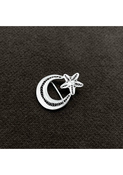 Ayyıldızlı 925 Ayar Gümüş El İşi Telkari Broş