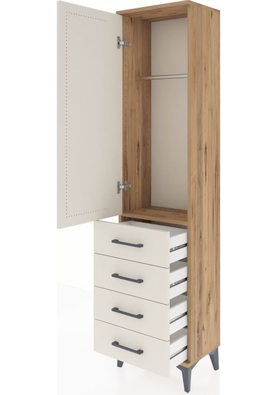 Arges Dolap Tek Raflı 4 Çekmeceli Tek Askılı 44x30x182 Çam-ay... Çam