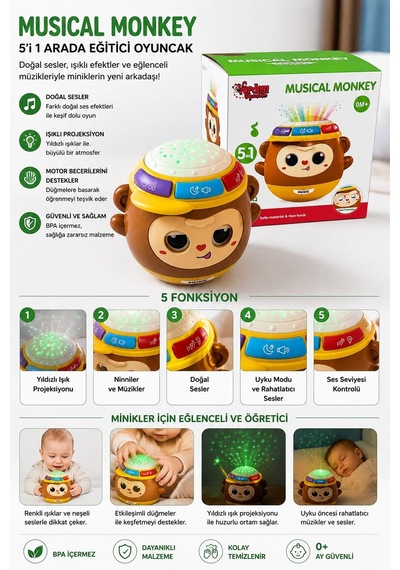 Musical Monkey 5 İ 1 Arada Işıklı Müzikli Hareketli Gözlü Bebek Oyuncağı 0+ Ay
