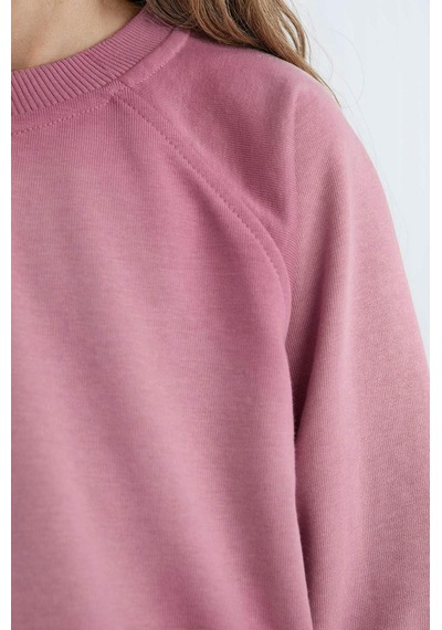 Defacto Relax Fit Bisiklet Yaka Crop Basic Düz Sweatshirt Kız Çocuk D6994A824WN Bordo