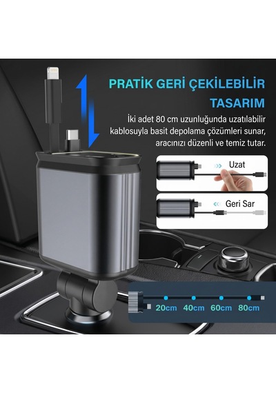 Lexroo 66w Acl Led Işık Tavan Aydınlatmalı 4ın1 Çift Kablolu Hızlı Şarj 3.4a Araç İçi Çakmaklık Standart