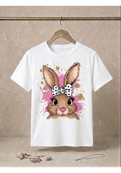 Sevimli Tavşan Figür Baskılı Kompakt T-shirt Beyaz