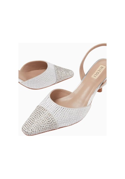 Nicoli Belize 60 Crystal Slingback Pumps, Satin-metallic Leather, 60mm Topuk, El Işçiliği Lüks Tasarım Gümüş