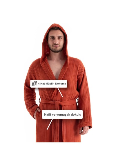 Unisex Kapşonlu 4 Kat Müslin Bornoz - Kiremit