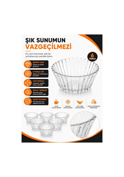6'lı Cam Lokumluk Seti Şeffaf Cam Reçellik, Sosluk, Mini Sunum Kasesi, Türk Kahvesi Yanı İkramlık
