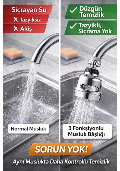 360 Döner Krom 3 Fonksiyonlu Musluk Başlığı Sıçramasız, Basınçlı Ve Su Tasarruflu