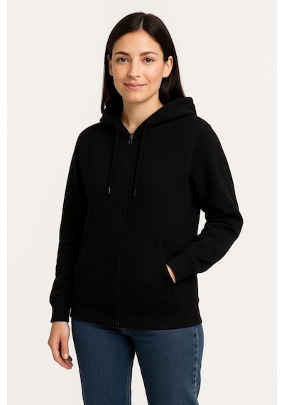 Mbb E-ticaret Kadın 3 İplik Kapüşonlu Tam Fermuarlı Kanguru Cepli Sweatshirt Hoodie - Siyah