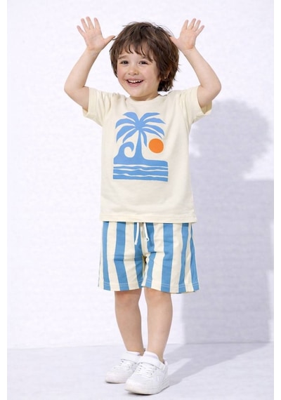 Miniko Kids Erkek Çocuk Palmiye Desenli Pamuk Şortlu Takım Mavi