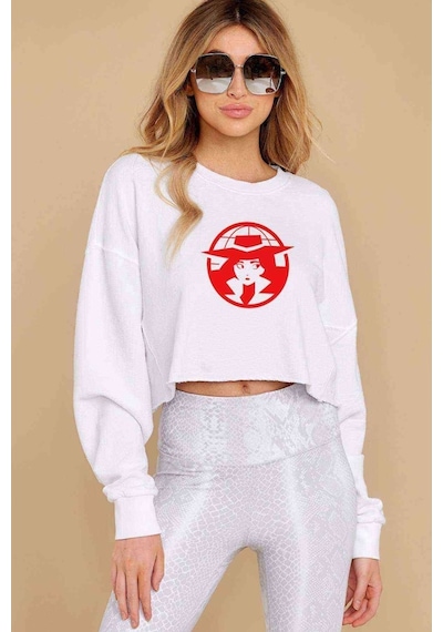 Carmen Sandiego Logo Red Baskılı Crop Kadın Beyaz Sweatshirt