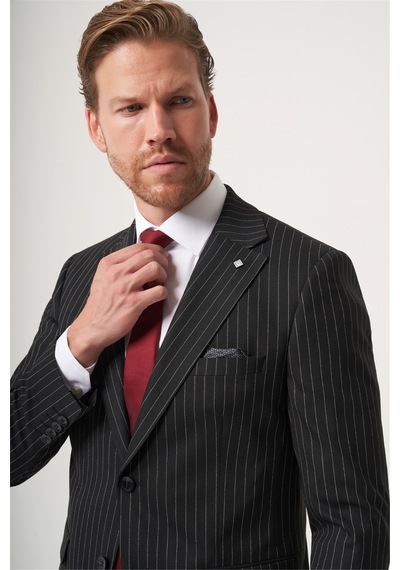 İmza Siyah Mono Yaka Çizgili 6 Drop Slim Fit Tam Astar Esnek Takım Elbise 1001260149