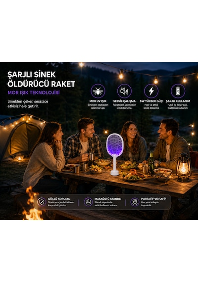 Şarjlı Sinek Öldürücü Raket 5w Mor Işık Uv Sinek Kovucu, Masaüstü Standlı, Usb Şarjlı Elektrikli Böcek Öldürücü 001
