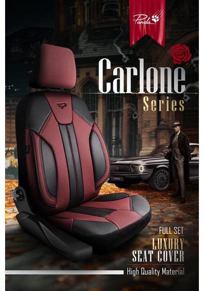 Bordo - Siyah Panda Carlone Serisi Ful Deri Oto Koltuk Kılıfı - Tam Set