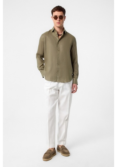 Antioch 100% Keten Comfort Fit Erkek Gömlek Haki