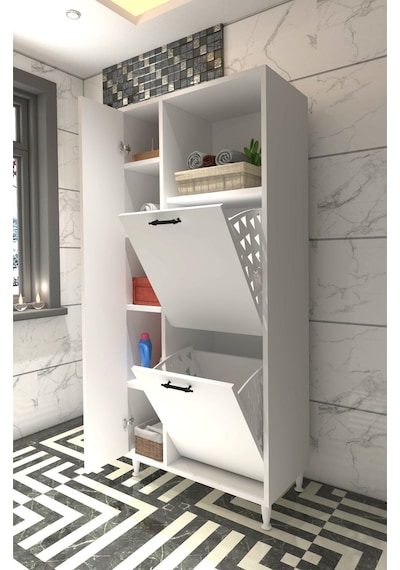 Makbulce Menekşe 2'li Çamaşır Sepetli Çok Amaçlı Dolap 163 x 68 Beyaz