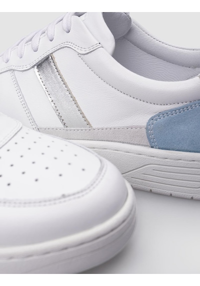 %100 Hakiki Deri Beyaz - Mavi Bağcıklı Kadın Sneaker-beyaz Beyaz