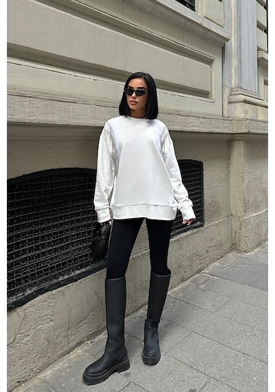 WeShaya Kadın Kırık Beyaz Oversize Dokuma Uzun Kollu Sweatshirt Kırık Beyaz