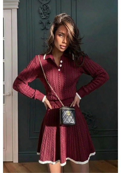 Sayzen Your Shine Polo Yaka Saç Örgülü Kazak-etek Triko Takım Sy-25100 Bordo