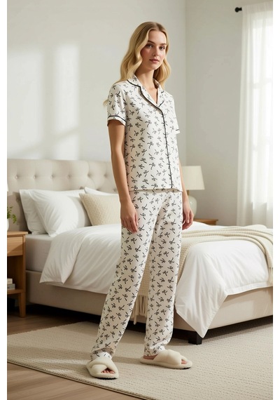 Benerly Kadın Gömlek Yaka Kısa Kollu Regular Kalıp Pijama Takımı Kurdele ekru