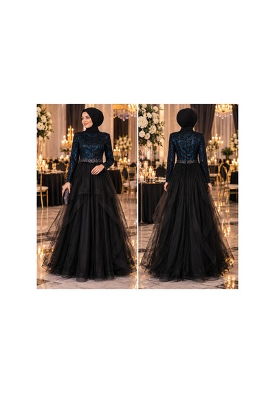 Gül&can Butik Tesettür Abiye Üstü Pullu Etek Kismi Tüllü Abiye Siyah